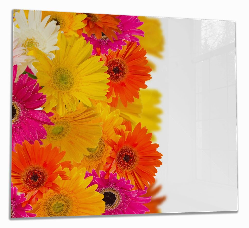 Wallario Herdabdeckplatte aus Glas, Größe 60 x 52 cm 1-teilig, Motiv Bunte Gerberas - pinke, gelbe, rote und weiße Blüten