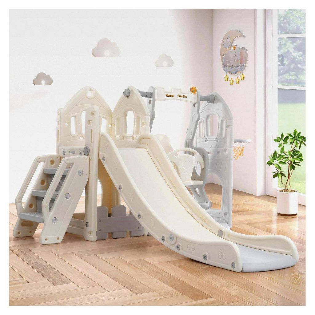 5-in-1 Indoor Klettergerüst mit Rutsche und Schaukel | Spielhaus für das Kinderzimmer mit Basketballkorb und Stauraum | Motorikspielzeug in Grau
