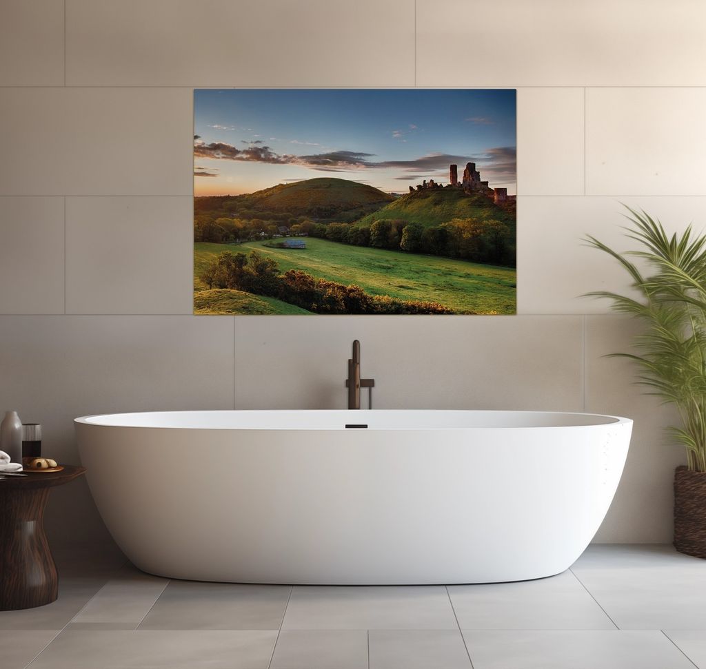 Wallario wasserfestes Poster selbstklebend 70 x 100 cm, Schlosspanorama in England bei Sonnenaufgang, Badezimmerposter Spritzschutz mit Hochglanzob...