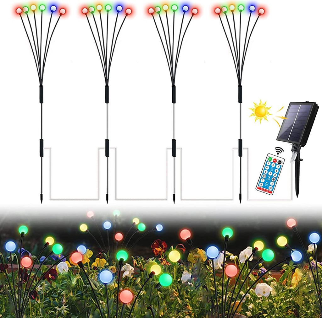 4er-Set Solar Gartenbeleuchtung Glühwürmchen Licht mit 6 LEDs, Solarlampen für Außen 8 Modi Dimmbar IP65, Deko für Garten Hof Balkon, Bunt