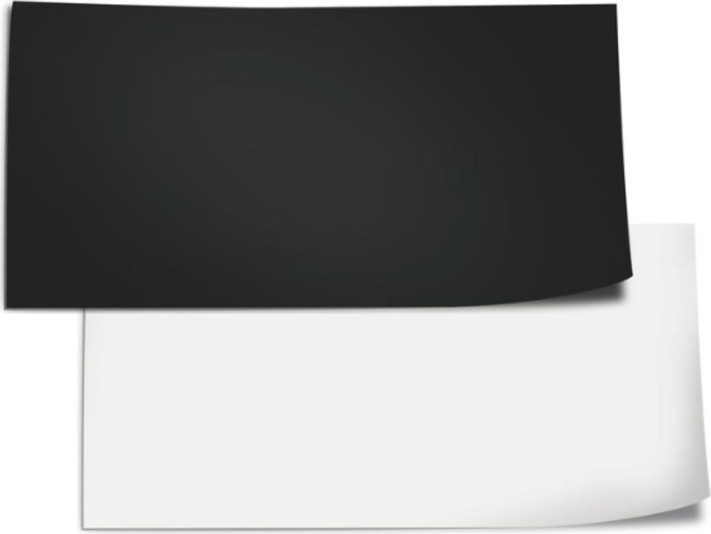 A black rectangular sheet is placed above a white rectangular sheet, both with slightly curved edges, on a white background.