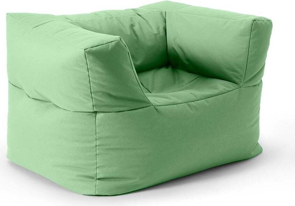 A pastel green beanbag chair is shown from a slightly elevated side angle against a white background.