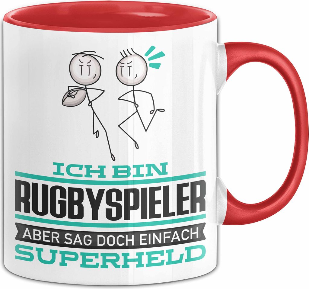 Rugbyspieler Geschenk Tasse Ich Bin Rugbyspieler Aber Sag Doch Einfach Superheld Lustige Geschenkdiee für Rugbyspieler Kaffee-Becher (Rot)