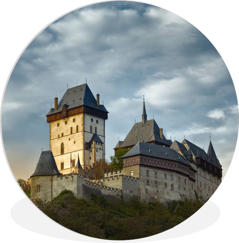 MuchoWow Rundes Wandbild - Runde Bilder Schloss Karlstejn mit Gewitterwolken in Prag in der Tschechischen Republik Ø 60 cm Kreis Wanddekoration ...