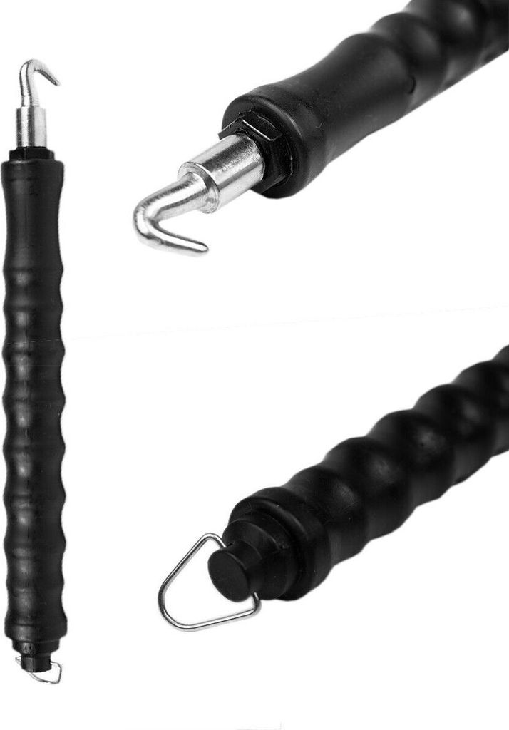 Three views of a black wire twisting tool with a silver hook and a silver loop.