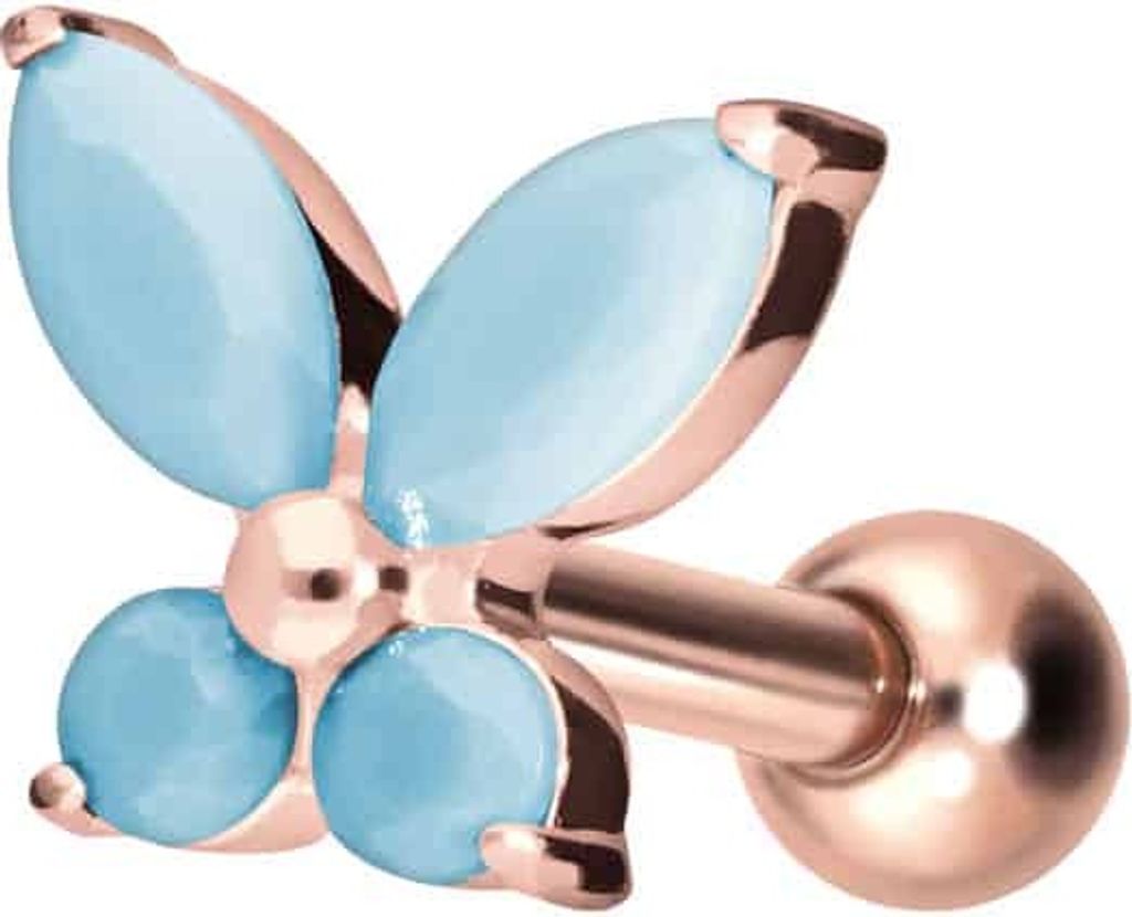 Ohrpiercing Titan Ohrpiercing mit Innengewinde SCHMETTERLING + SYNTHETISCHE TÜRKISE RoséGold Stablänge: 6mm