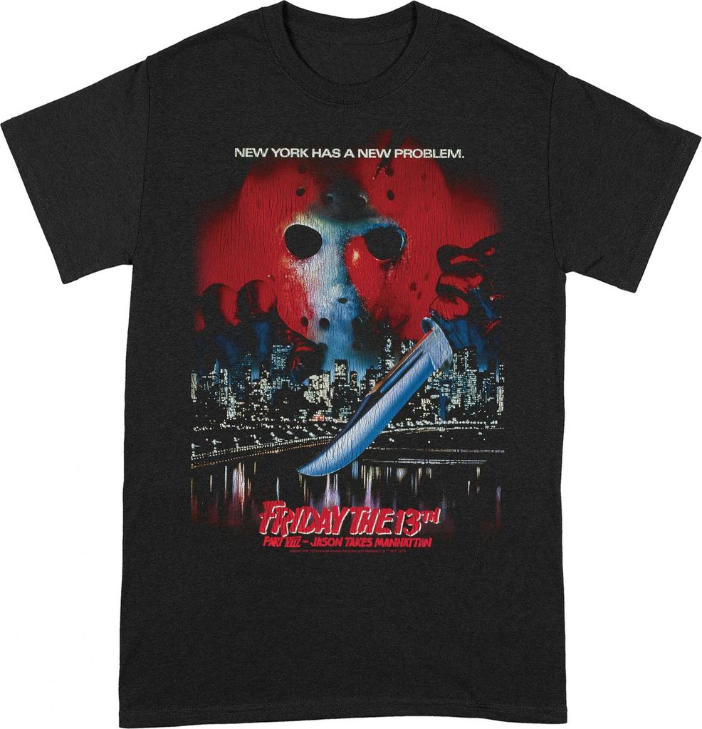 Friday The 13th - "Jason Takes Manhattan" T-Shirt für Herren/Damen Uni BI172 (XXL) (Schwarz/Rot/Blau)