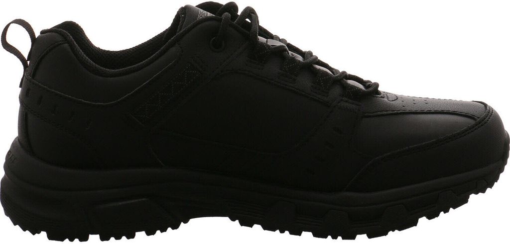 A side view of a black Skechers shoe.