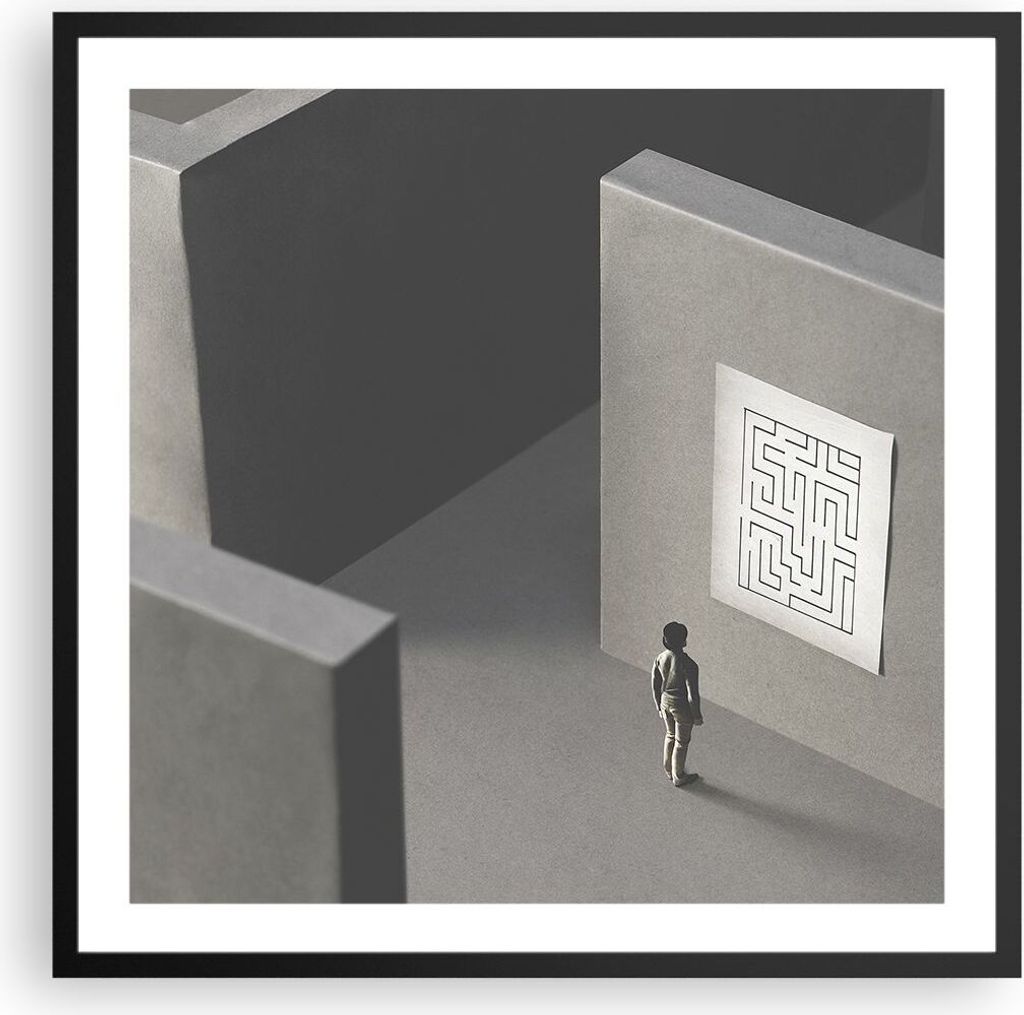Gerahmtes Poster - Schwarzer Rahmen - Labyrinth Grau Verloren - 60x60 cm - Wand Bild - Wanddeko - Wandbilder - Kunstposter - Wandposter - Bilderrah...