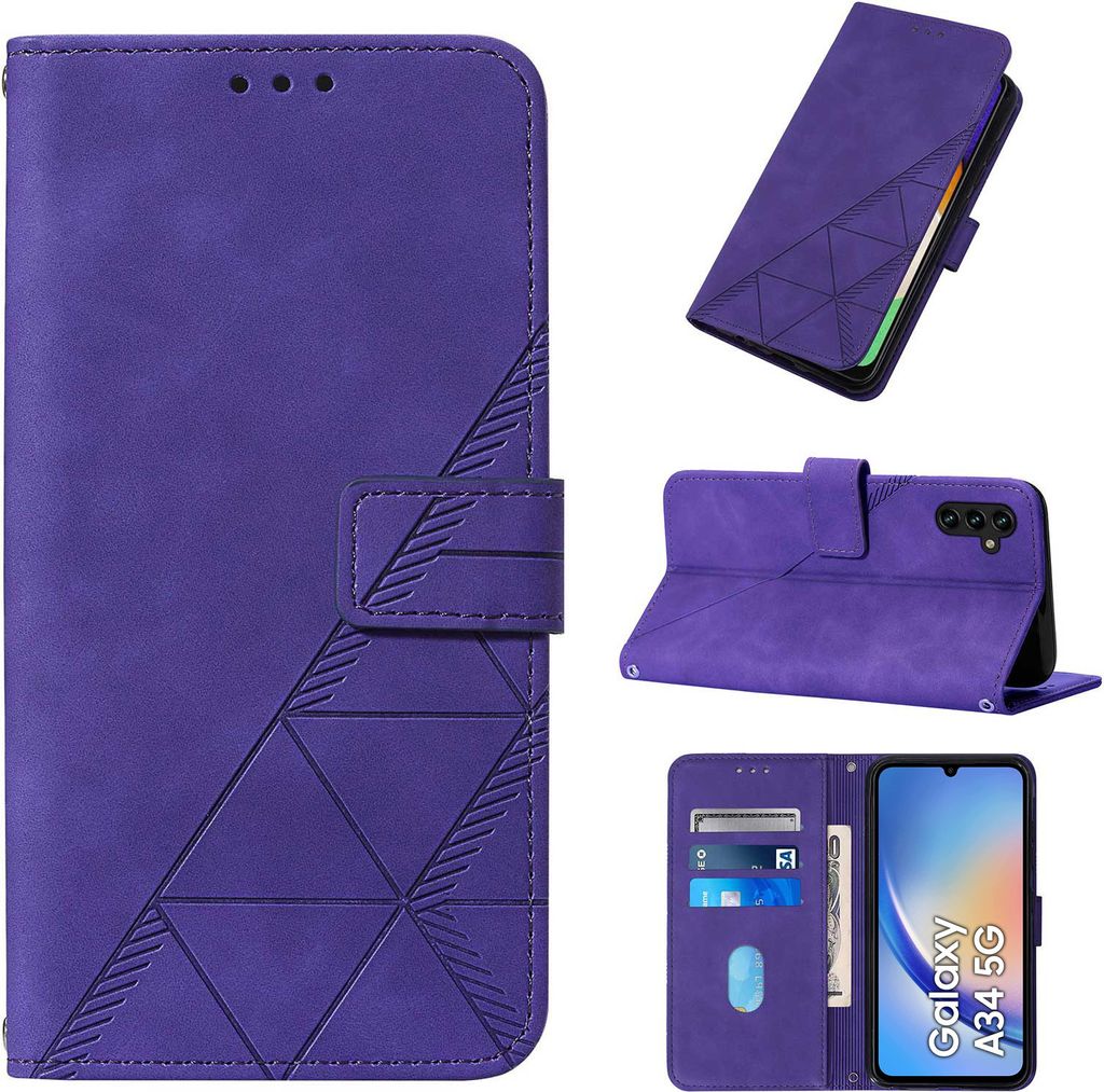 Hülle für Samsung Galaxy A34 5G Prägung Flip Leder Kartenfächer Schutzhülle mit Ständer Lila