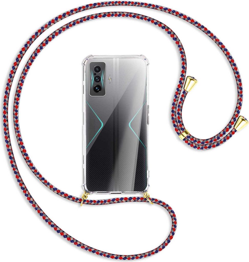Handykette Backcover-Schutzhülle mit Band (Metall goldfarben) für Xiaomi Poco F4 GT - silber/blau/rot