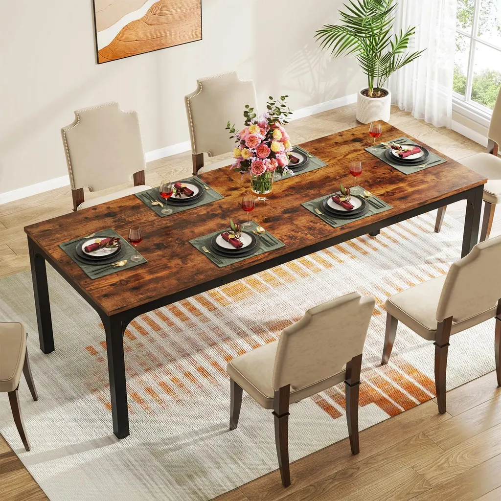 Table bois brun rustique 200 cm - Plateau stratifié robuste 8 places - 9