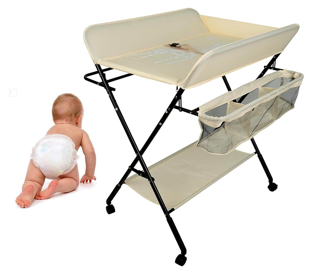 Baby Wickelkombi Wickelkommode, Mobile Wickeltisch Klappbar, mit Wickelauflage, Sicherheitsgurt, Ablagefächern, süßem Muster und Höhenangabe, S...