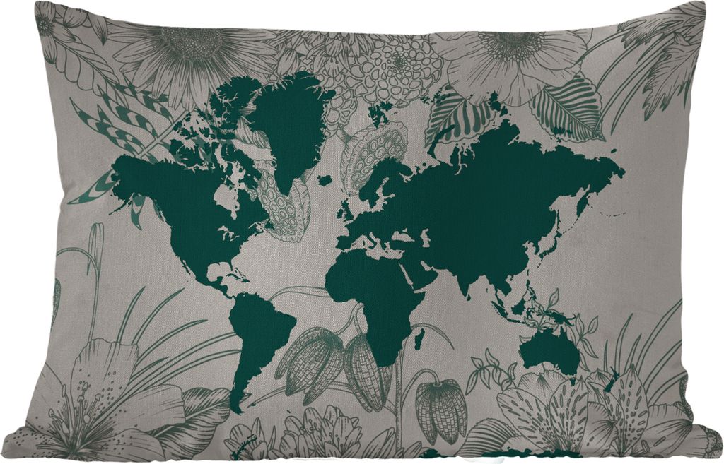 MuchoWow Outdoor Kissen - Weltkarte - Blumen - Pflanzen - 50x30 cm - Wetterfest - Lounge Kissen - Sofa kissen - Wohnzimmer Dekoration