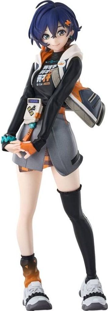A full-body shot of an anime-style figurine of a young woman.
