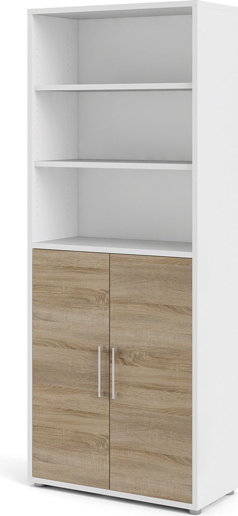 Prisme Büroregal hoch 2 Türen und 2 Ablagen weiss, Eiche Nachbildung