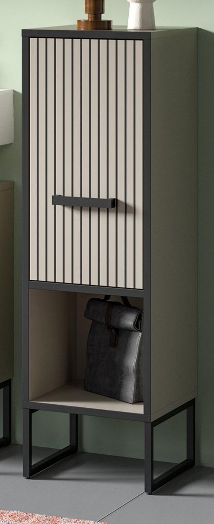 Badezimmer Kommode "Scana" Sand und schwarz, Badschrank 30 x 101 cm, Soft-Close