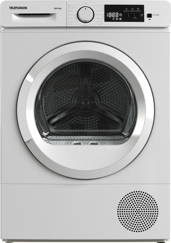 A white Telefunken front-loading tumble dryer is shown from the front against a white background.
