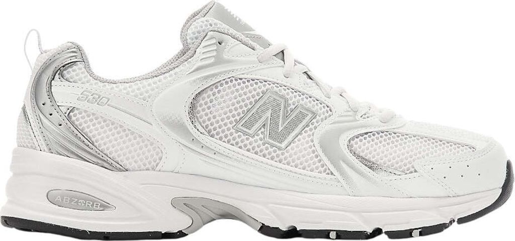 A side view of a white New Balance 530 sneaker.