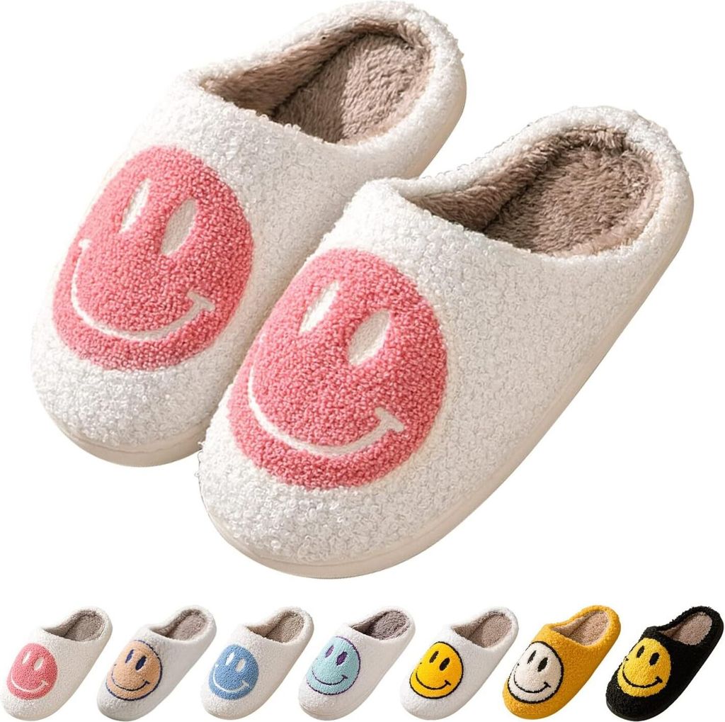 Hausschuhe mit Smiley-Motiv für Damen, Hausschuhe mit Happy Produktbild 
