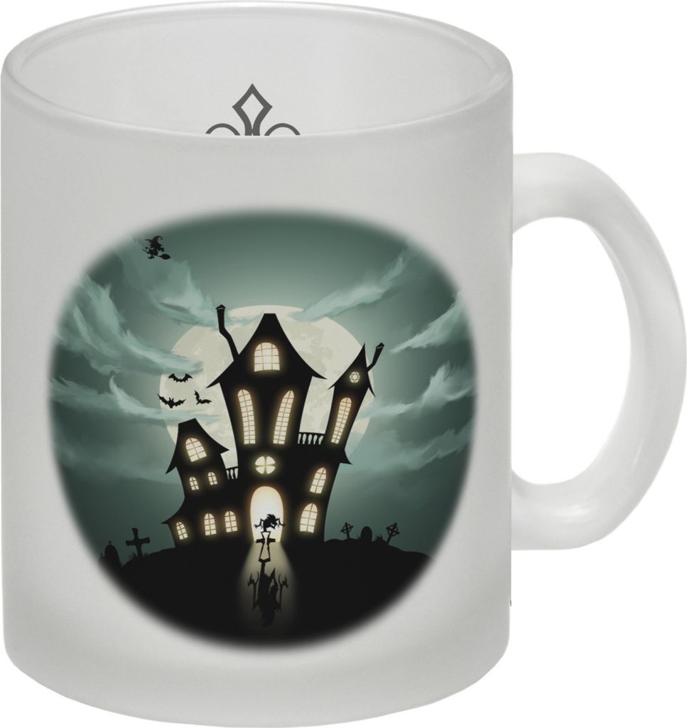 Kaffeetasse mit gruseligem Geisterhaus Motiv und Spruch - Produktbild 