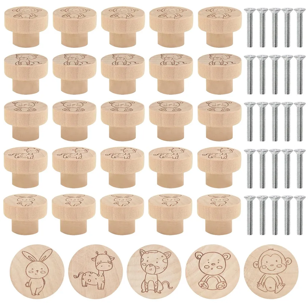 Lot de 25 Poignées de Meubles Rondes en Bois Décoratives Animaux 35mm