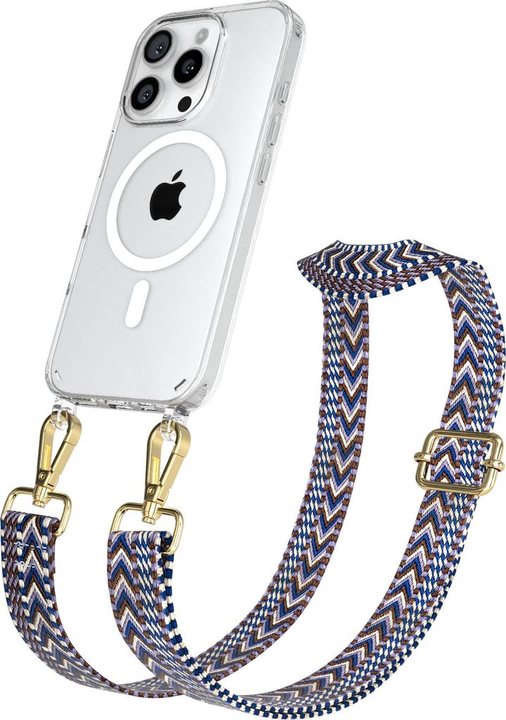EAZY CASE - Handykette mit MagSafe Hülle für Apple iPhone 16 Pro, Handyband ZigZag Style,Karabiner Gold, Umhängeband in Blau