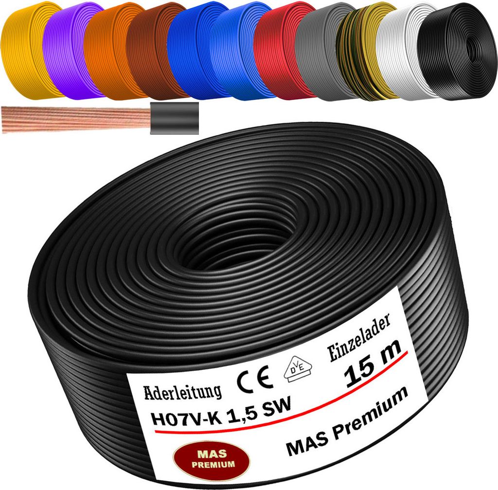 15m Aderleitung H07 V-K SW 1x1,5 mm² Schwarz Einzelader flexibel