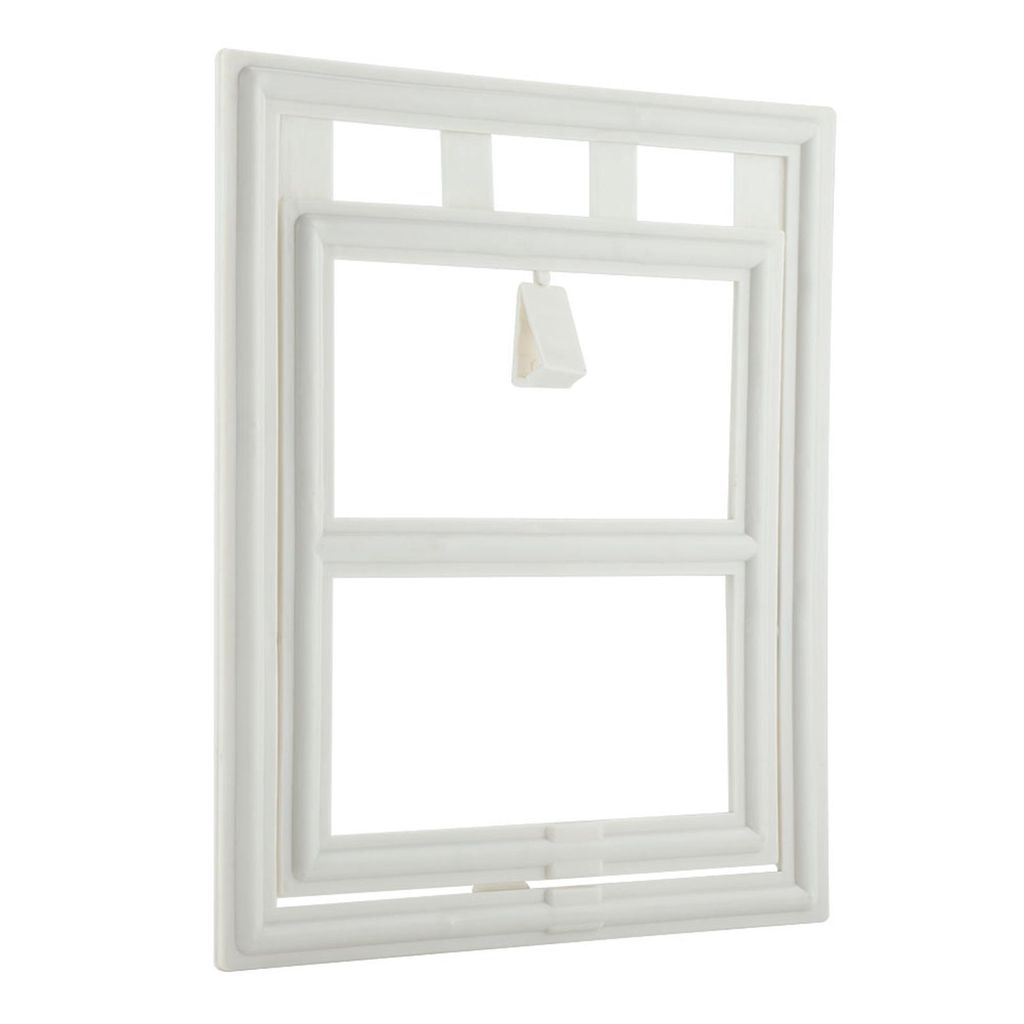 A white plastic pet door frame is shown against a white background.