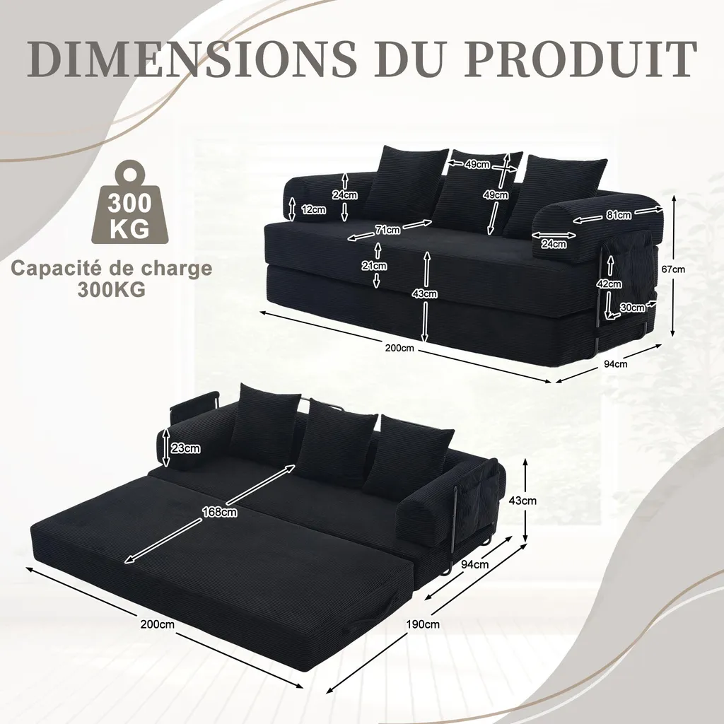 Canapé convertible modulable pour studio et salon de 200 cm