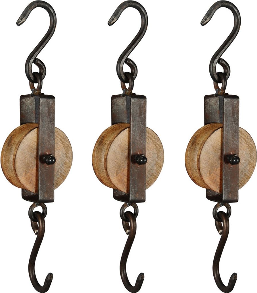 3tlg. Dekoseilwinde aus Holz und Eisen Landhaus Dekoration Haken L29cm