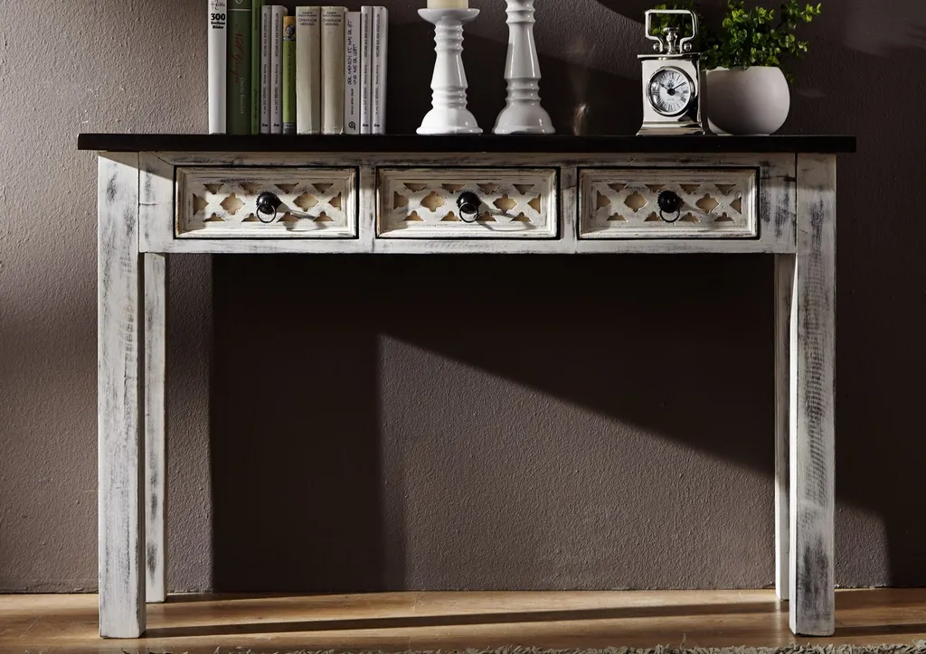 Meuble console manguier massif ciré blanc 120x40 cm CASTLE-ANTIK d'époque