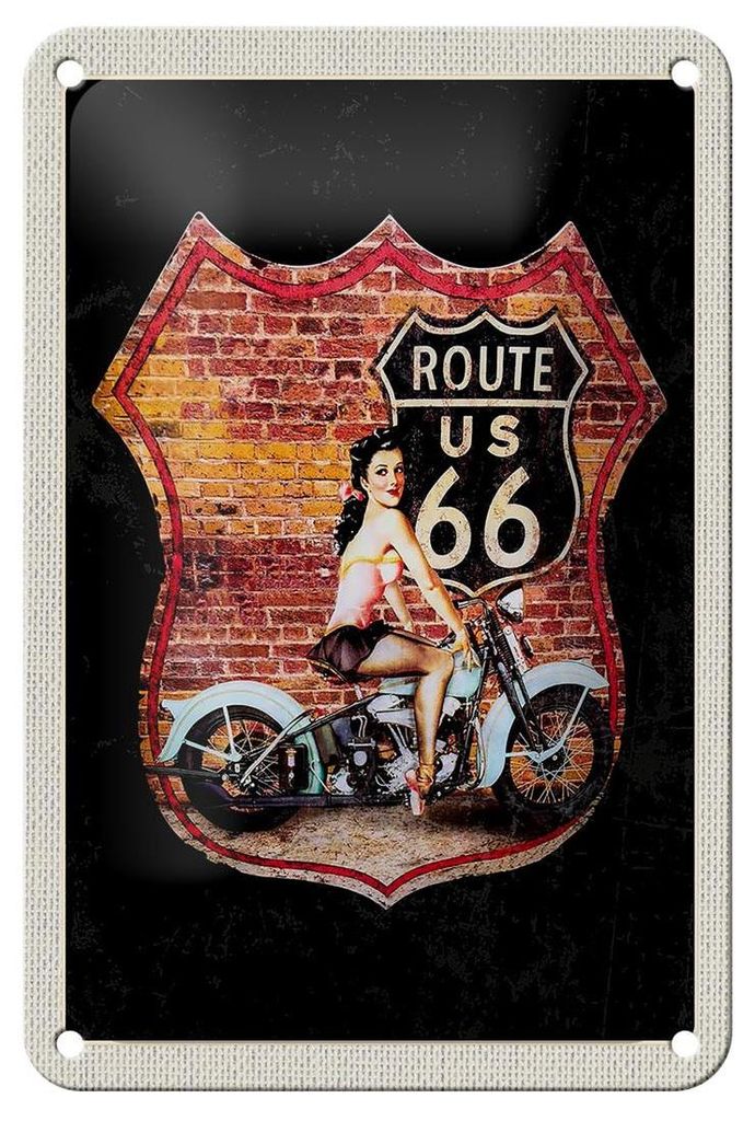 Blechschild Reise 12x18cm USA Amerika Route US 66 Motorrad Frau Schild