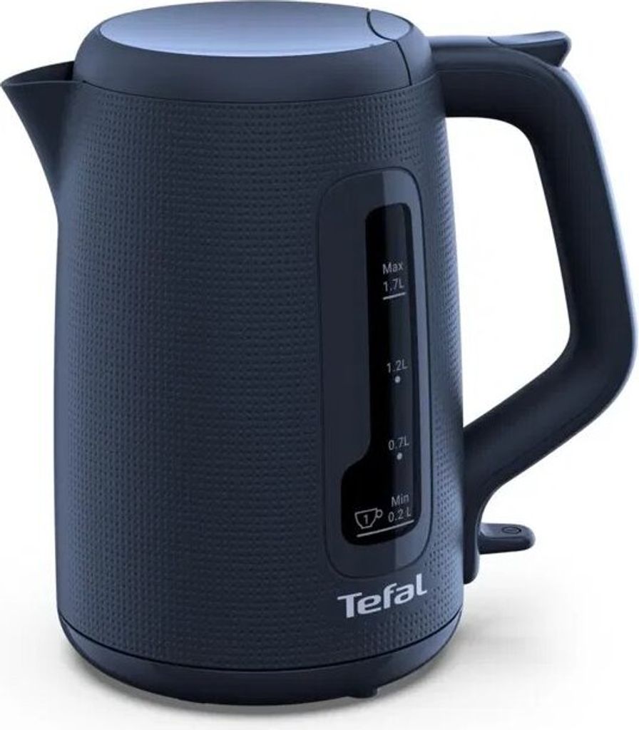 A dark blue electric kettle is shown against a white background.