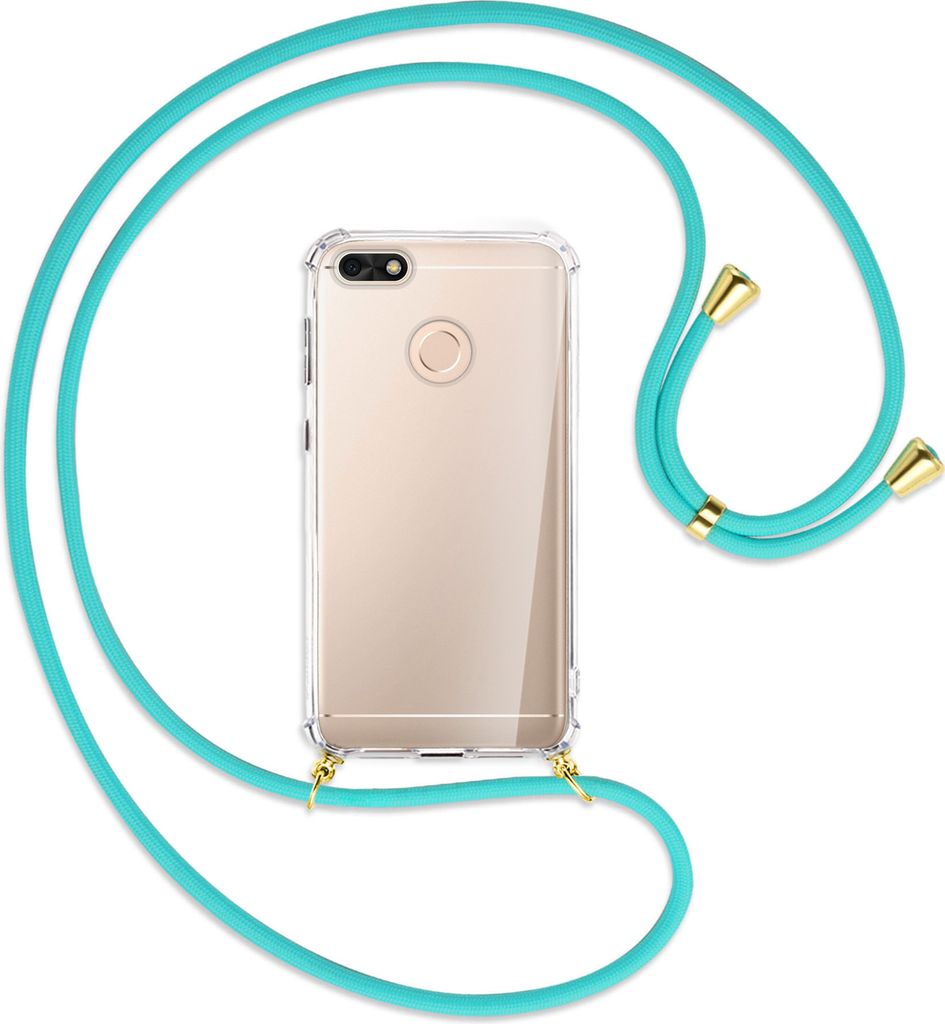 Handykette Backcover-Schutzhülle mit Band (Metall goldfarben) für Huawei P9 lite mini, Y6 Pro 2017 - türkis