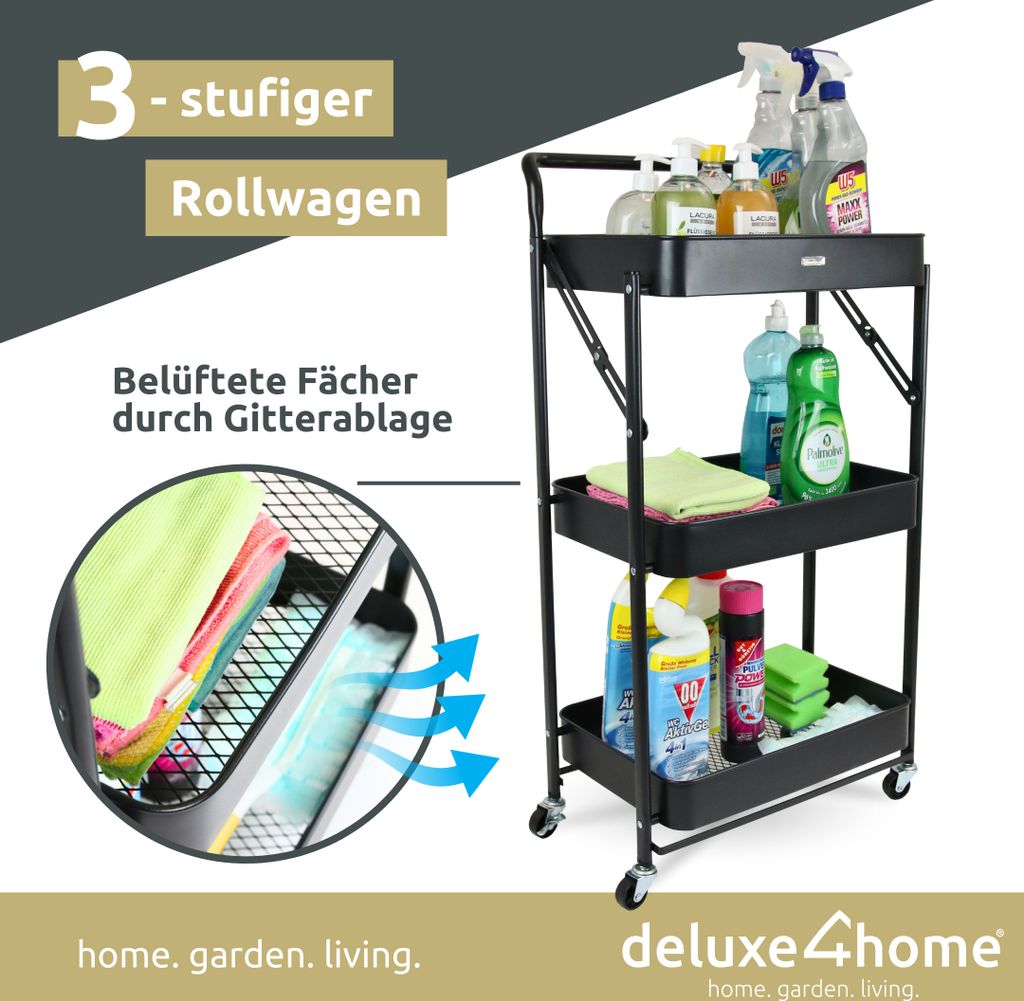 deluxe4home® Servierwagen Rollwagen klappbar 3 Ablagen Produktbild 2