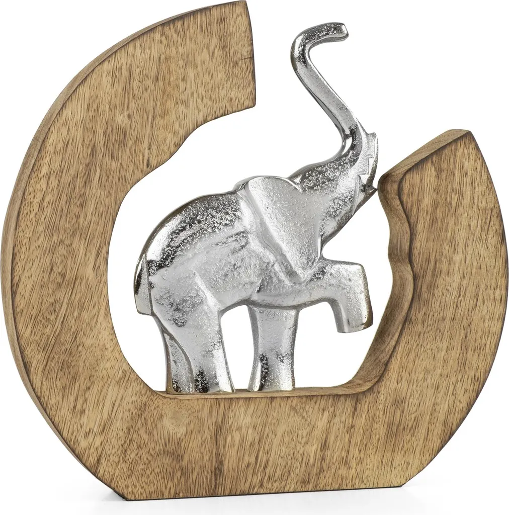 Figurine Éléphant Argent en Aluminium et Bois de Manguier - 24 x 23 cm