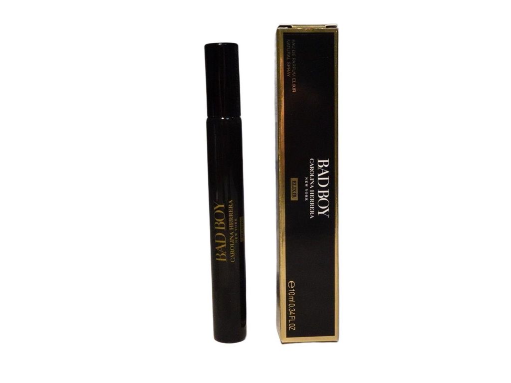 A black perfume bottle and its matching black and gold box are displayed against a white background.