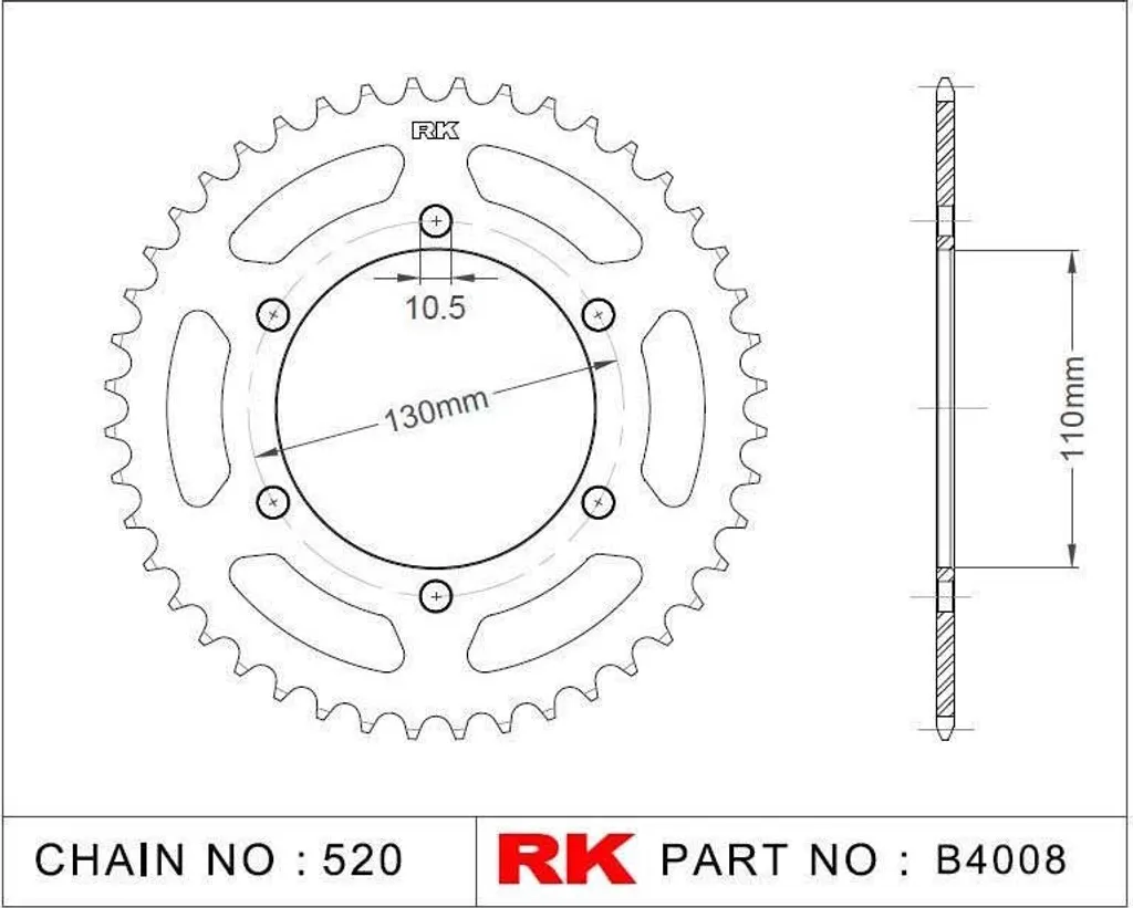 Pignon Arrière RK 4008 520 en Acier Argent 42 Dents pour Moto Racing
