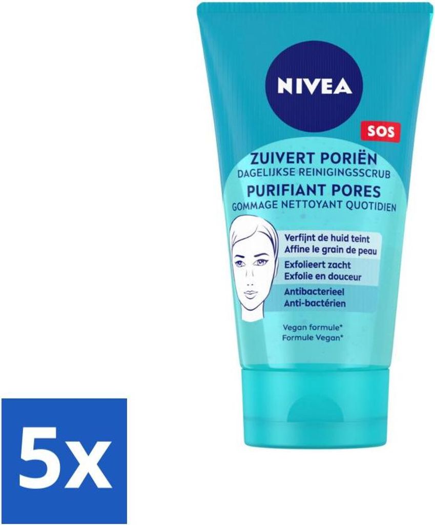 NIVEA – Reinigungspeeling – Essentials Daily Scrub – Für unreine Haut – Mit Milchsäure & Magnolienextrakt – 150 ml - Vorteilspack - 5 S...