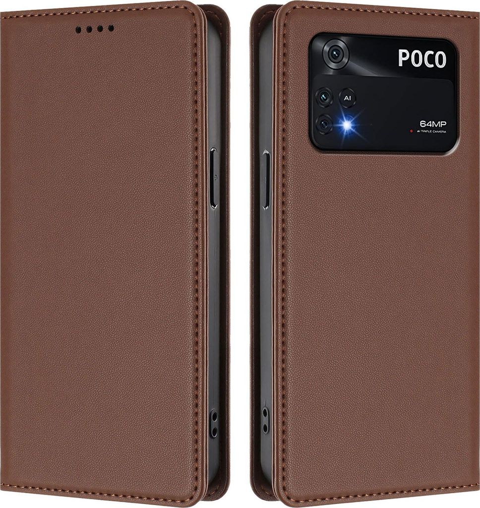 Handyhülle für Xiaomi Poco M4 Pro 4G, Kunstleder Klapphülle Stoßfeste Magnetische Hülle mit Ständer Braun