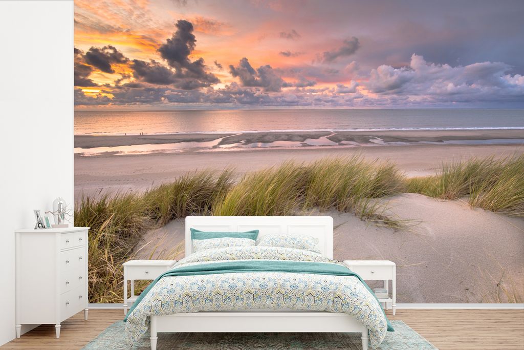 MuchoWow Fototapete für Wohnzimmer oder Schlafzimmer Wandtapete Vinyl Motivtapete Sonnenuntergang - Düne - Strand - Pflanzen - Meer - 330x220 c...
