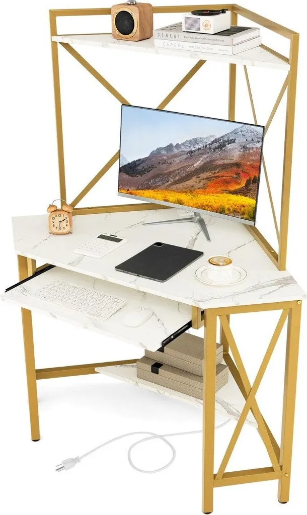 Bureau d'angle avec station de charge et support clavier blanc et or - 2