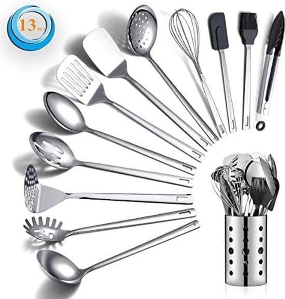 Edelstahl-Kochgeschirrset, 13-teiliges Küchenutensilien-Set, Küchengeschirrset, Küchengeschirrset mit Utensilienhalter, antihaftbeschichtet und ...