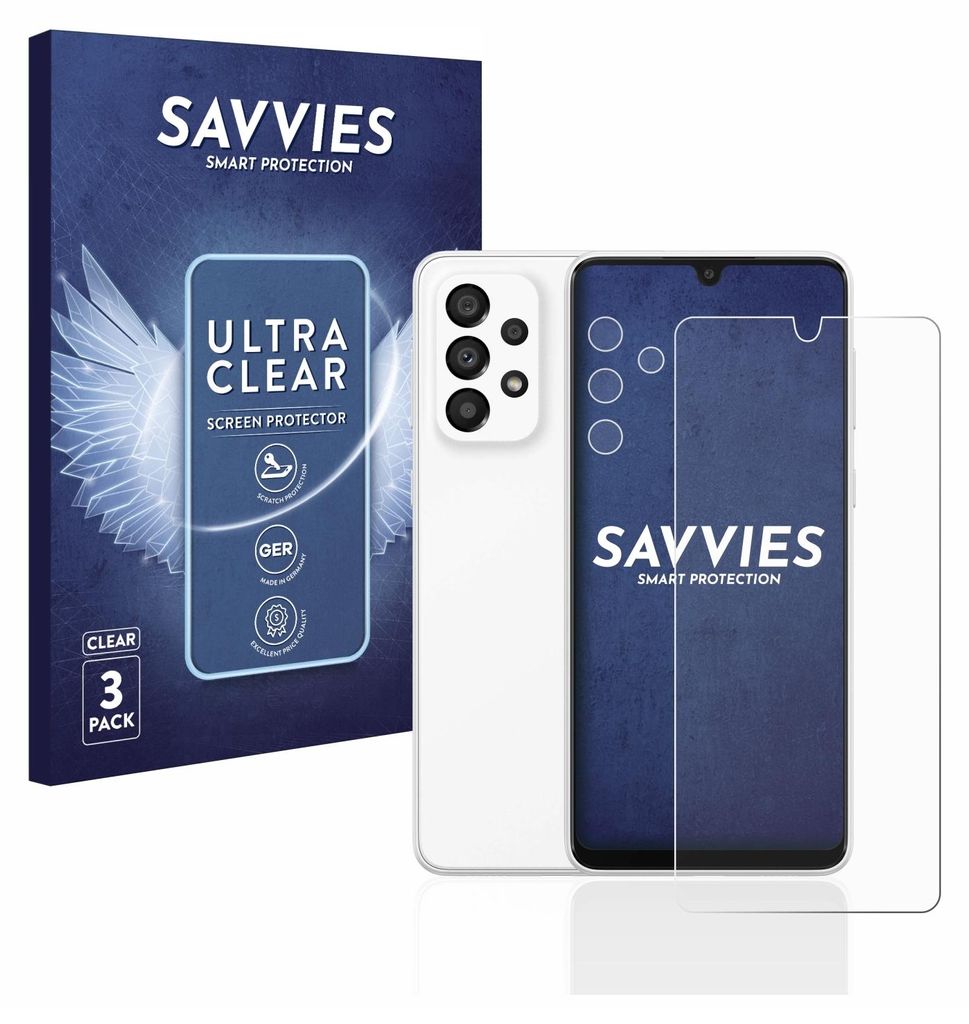 A product shot showing a phone screen protector package and a phone with a screen protector applied.