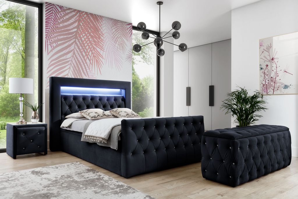 Bett Boxspringbett WESPER mit Pocket-Matratze und Topper , Doppelbett mit 2 Bettkästen, H3, LED ( 200x200 cm , Marineblau - Motion 79 )