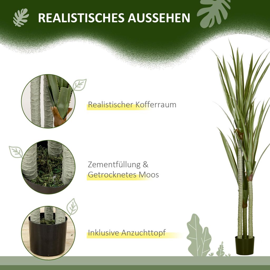HOMCOM Künstliche Yucca groß 190cm Kunstpflanze im Topf für