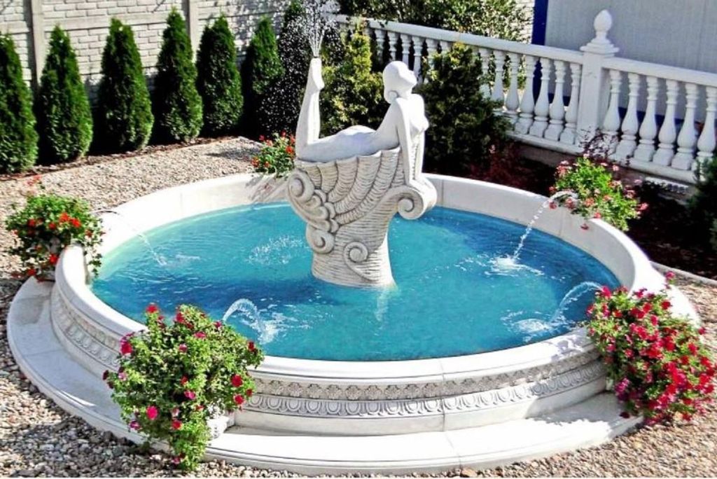 Casa Padrino Jugendstil Springbrunnen Frau auf Muschel Weiß / Grau Ø 500 x H. 192 cm - Prunkvoller Gartenbrunnen mit Wasserspeier Skulptur und Um...