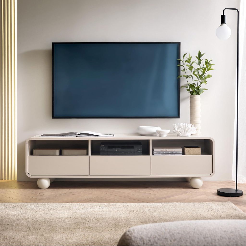 Komodee, TV-Schränk KAMLOOPS - Kashmir - Abgerundet - 3 Schubladen - Breite 160 cm, Höhe 44 cm, Tiefe 39 cm