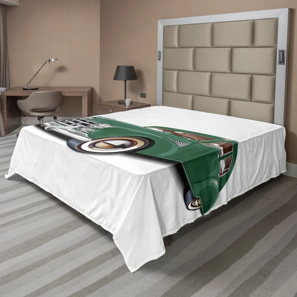 ABAKUHAUS Lenzuolo matrimoniale, Automobili d'epoca, nostalgia vintage, simbolo storico, illustrazione retrò di automobili, lenzuolo morbido e confortevole per un letto decorativo, 1 pezzo, 266 cm x 260 cm, verde bosco e bianco